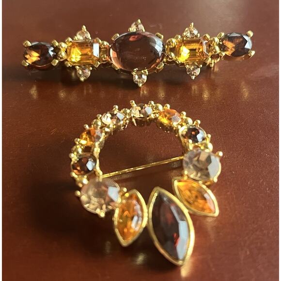 Lia Wreath Bar Brooch Pin G old Tone Lot Red Yellow Rhinestone Matching Gift Set - Picture 2 of 13